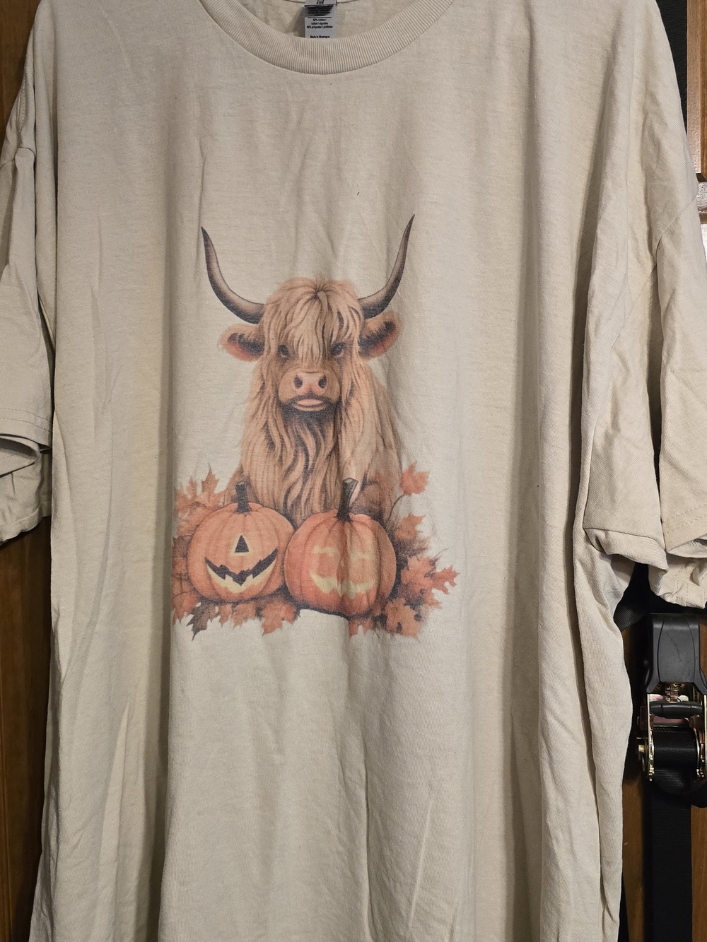 Gildan Cream Short Sleeve Tee with Highland Cow and Pumpkin Graphic